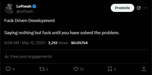 Fuck Driven Development post showing profile with Pit Viper sunglasses